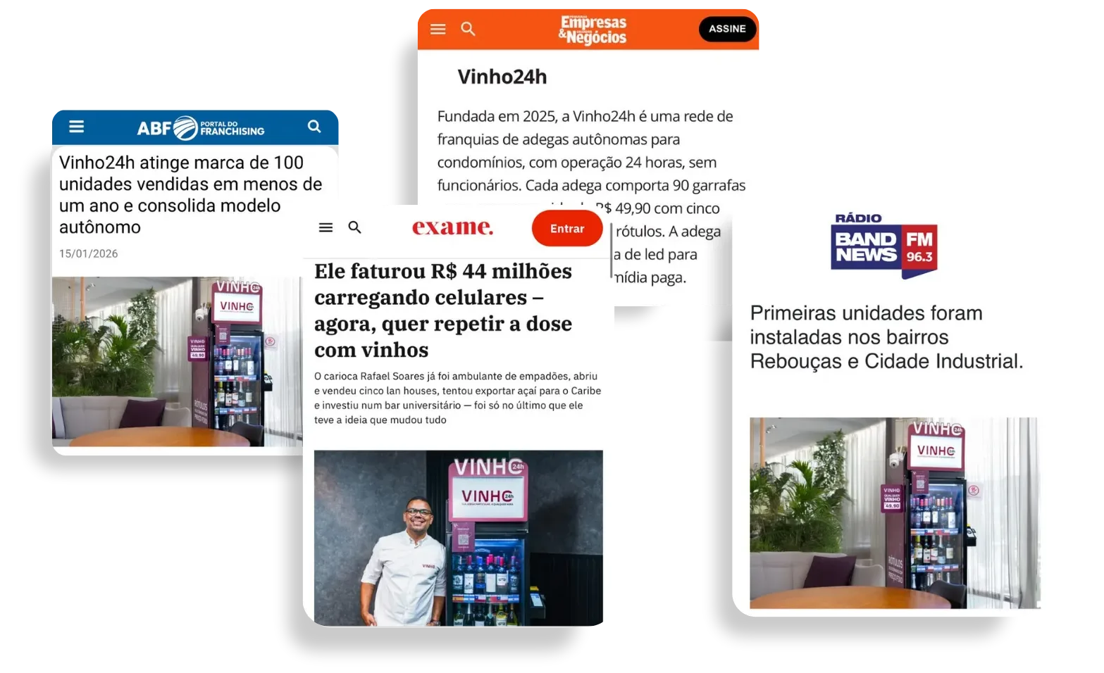 Matérias sobre a VINHO24h no Portal do Franchising (ABF), Empresas & Negócios, Exame e BandNews FM
